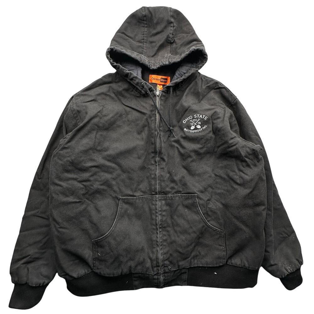 Corner Stone Duck Canvas Quilt Lined Full Zip Work Jacket Mens 2XL Black Hooded